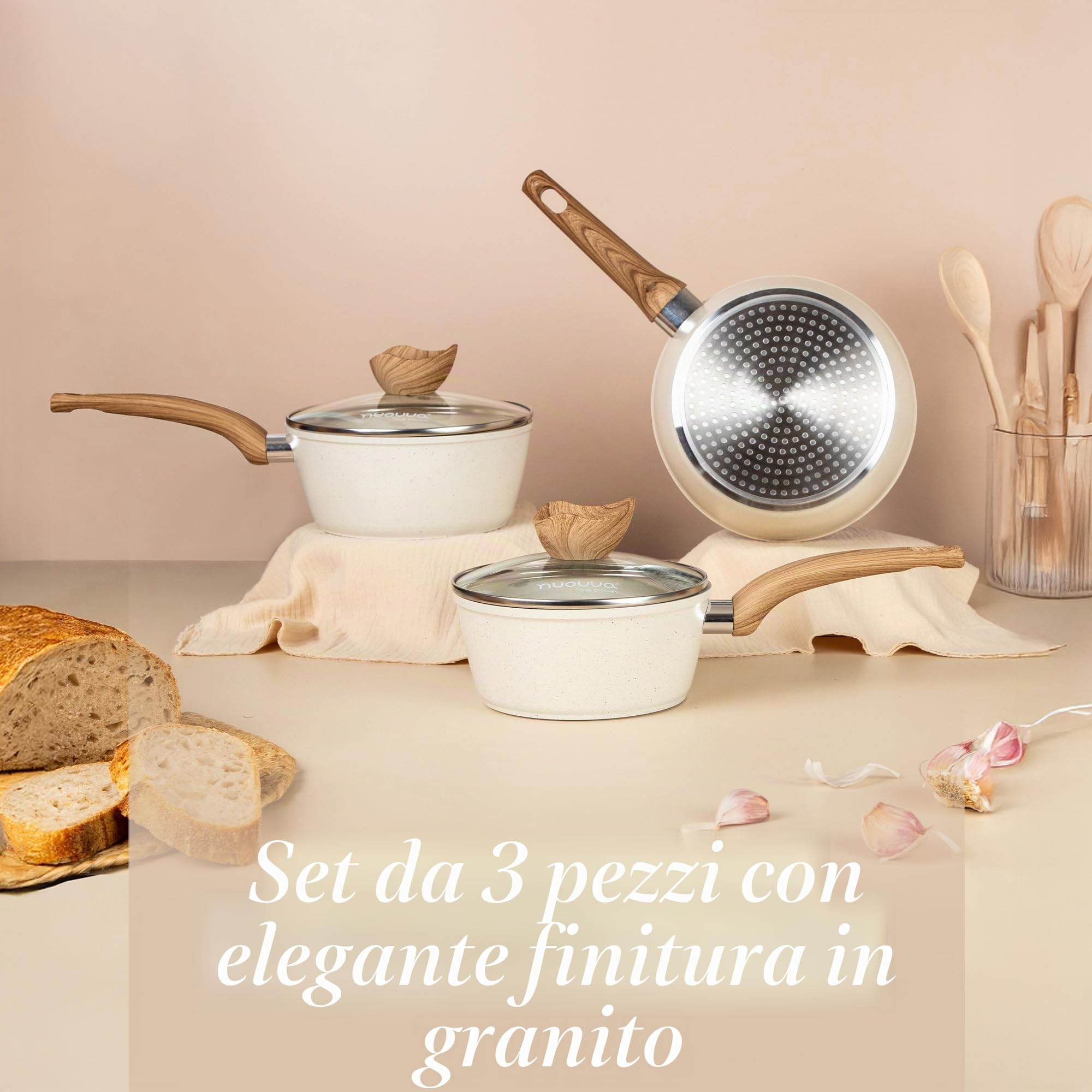 Set di Pentole Antiaderenti per Induzione con Coperchio – Set di 3 Pentole per Salse in Granito Color Crema – 16 cm, 18 cm, 20 cm – Nuovva