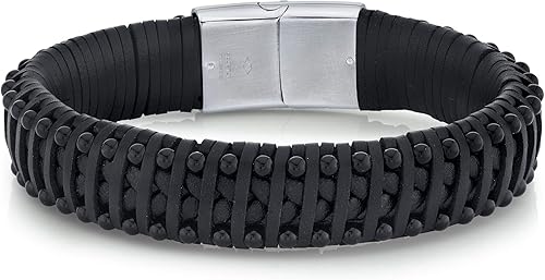 Spartan Pulsera de acero inoxidable para hombre de 8 pulgadas de largo con cuentas de ágata negra y cuero Se adapta a muñecas de 7 a 8 pulgadas,