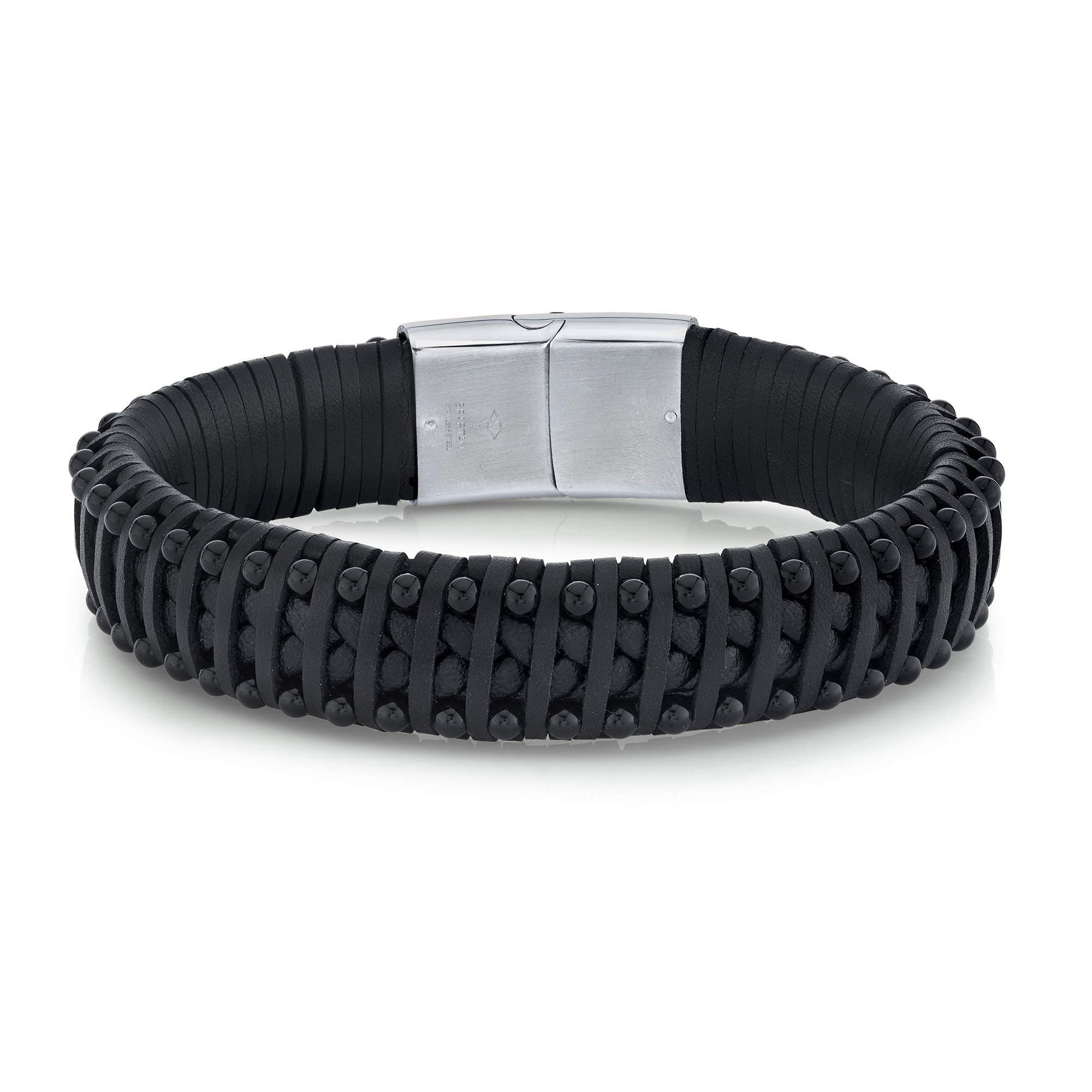 SPARTAN Men's 8 Inch Long Black Agate Beads and Leather Stainless Steel Men’s Bracelet | Fits 7 to 8 Inch Wrists Men’s Accessories Fashion Bracelet