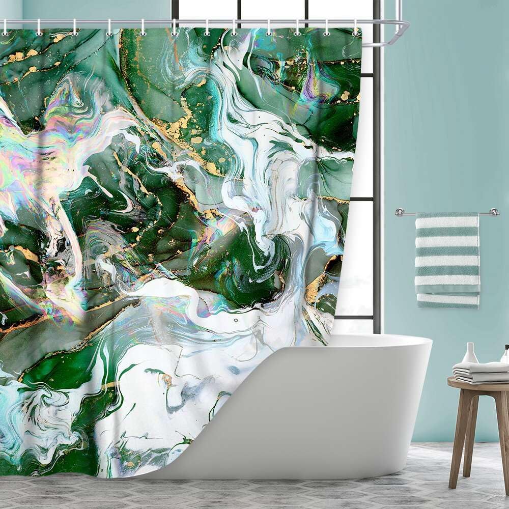 JAWO Green Marble Shower Curtain Cool Colorful Gouache Rainbow Gold Crack Sage Green Emerald Green Long Shower Curtain Set, Modern Abstract Waterproof Shower Curtain Marble, Hooks Included