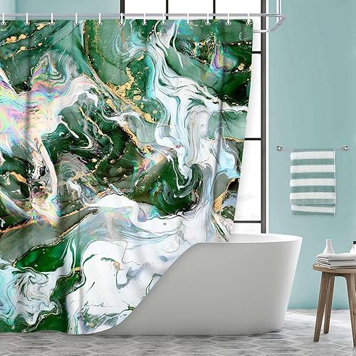 Miniatura 3 de JAWO Juego de cortina de ducha de mármol verde, Gouache arco iris, dorado, grieta, verde salvia, verde esmeralda, cortina de ducha abstracta