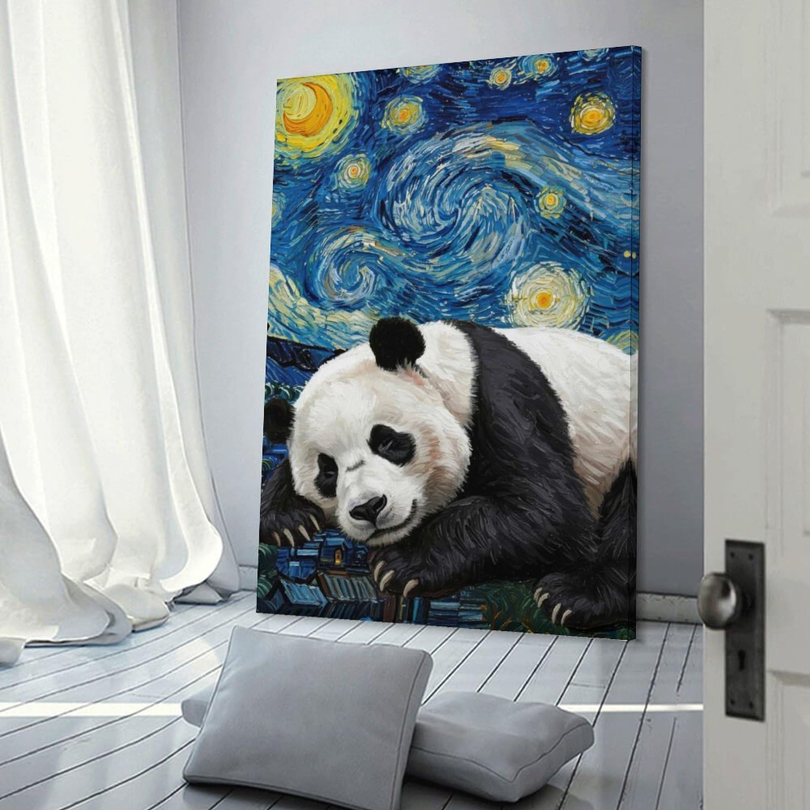 Junmoney Frame-Style-3-2-1 Panda In Starry Night Wall Decor Canvas Print, 24X36inch(60X90cm), For Flats, Guest Rooms Or Compact Rooms, A Simple Refresh For Blank Walls