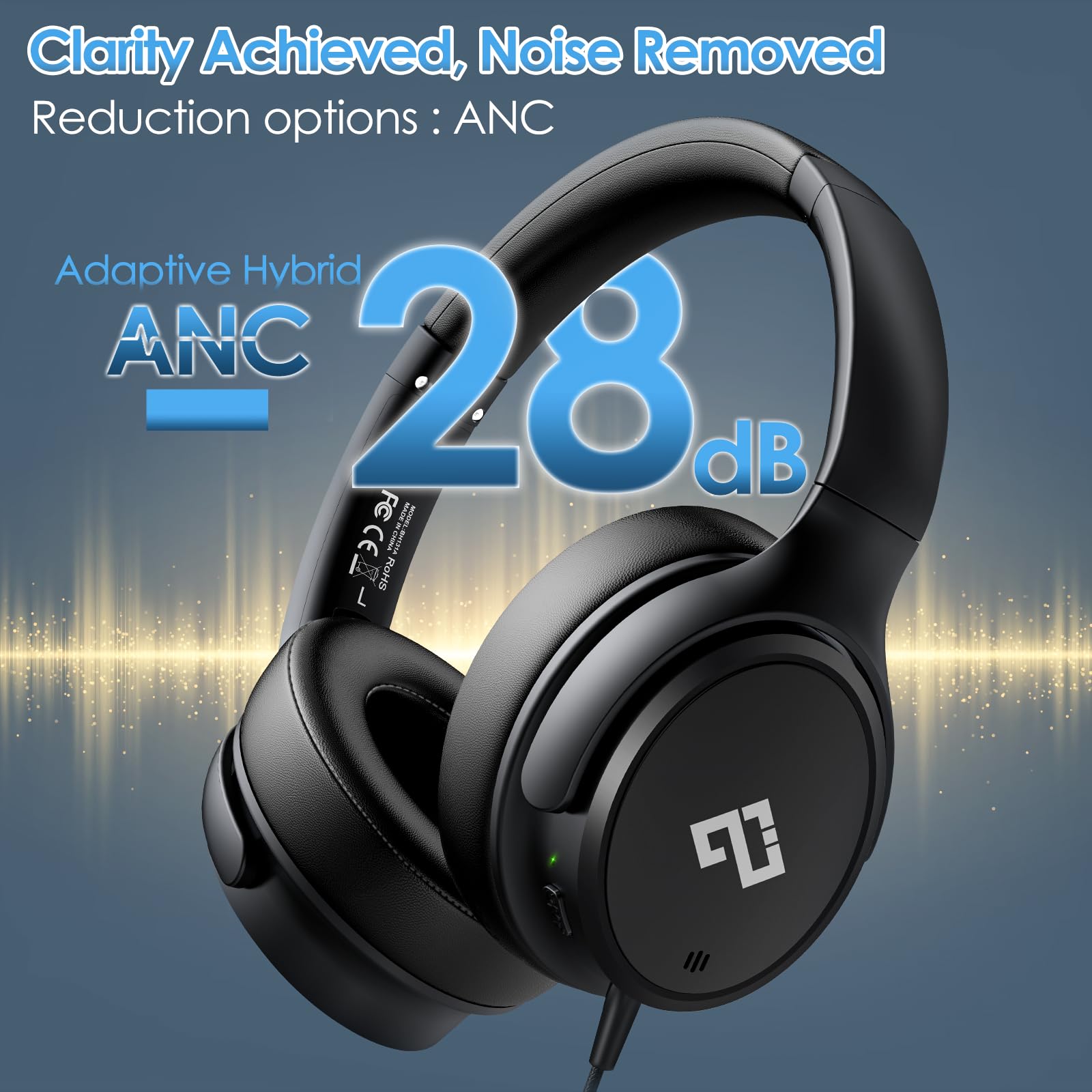 INFURTURE Cuffie over-ear cablate USB C/Type-C, cuffie con cancellazione del rumore con microfono, 28 dB ANC, leggere 195 g, cuffie cablate per pendolarismo/viaggi/ufficio/laptop/computer/tablet, idea
