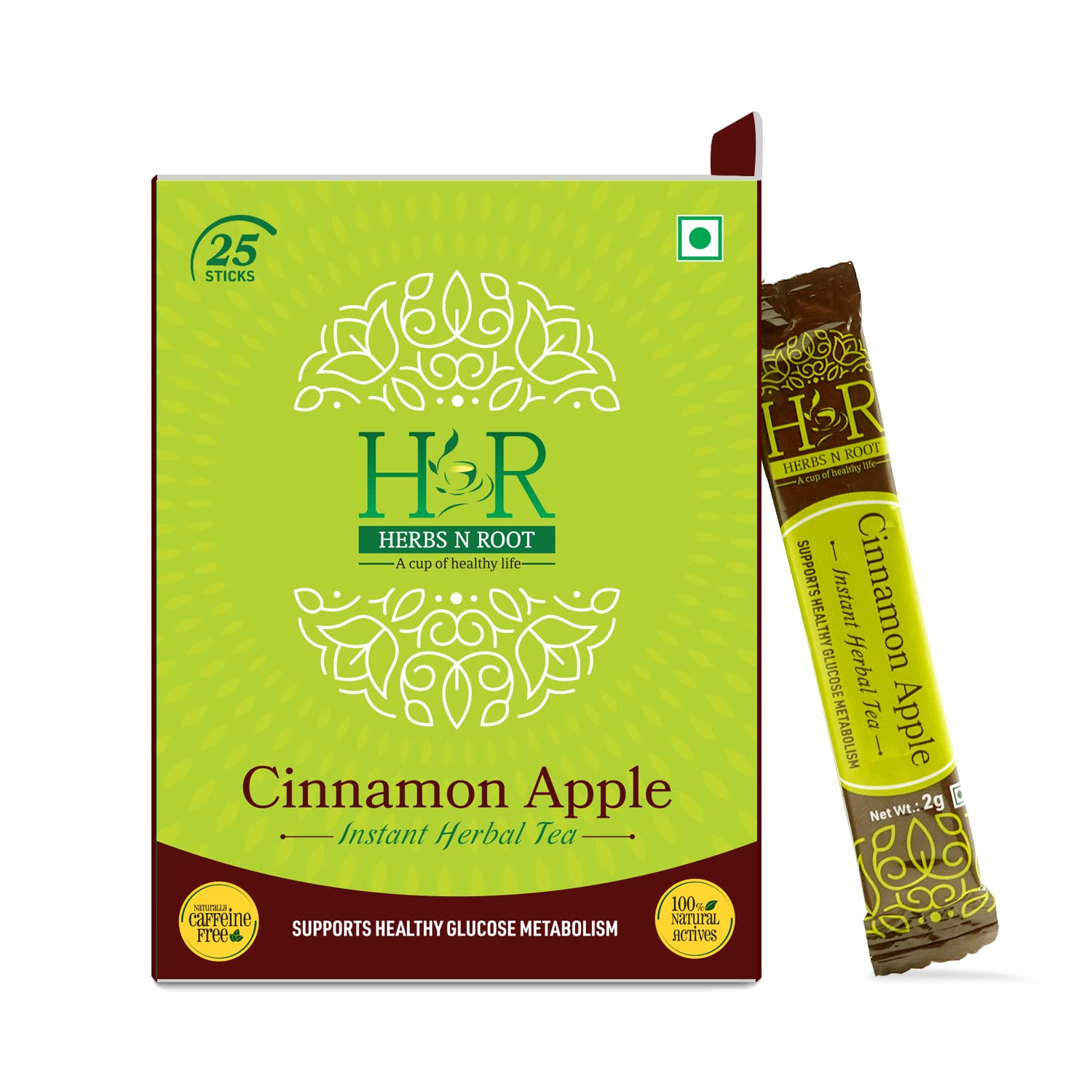 Herbs N Root Cinnamon Tea | 100% Natural Ingredient| Instant Herbal Tea | Maintains Healthy Sugar Level | Morning refreshing Tea | Cinnamon Extract & Green Apple Herbal Chai - 25 Stick (2gm Each)