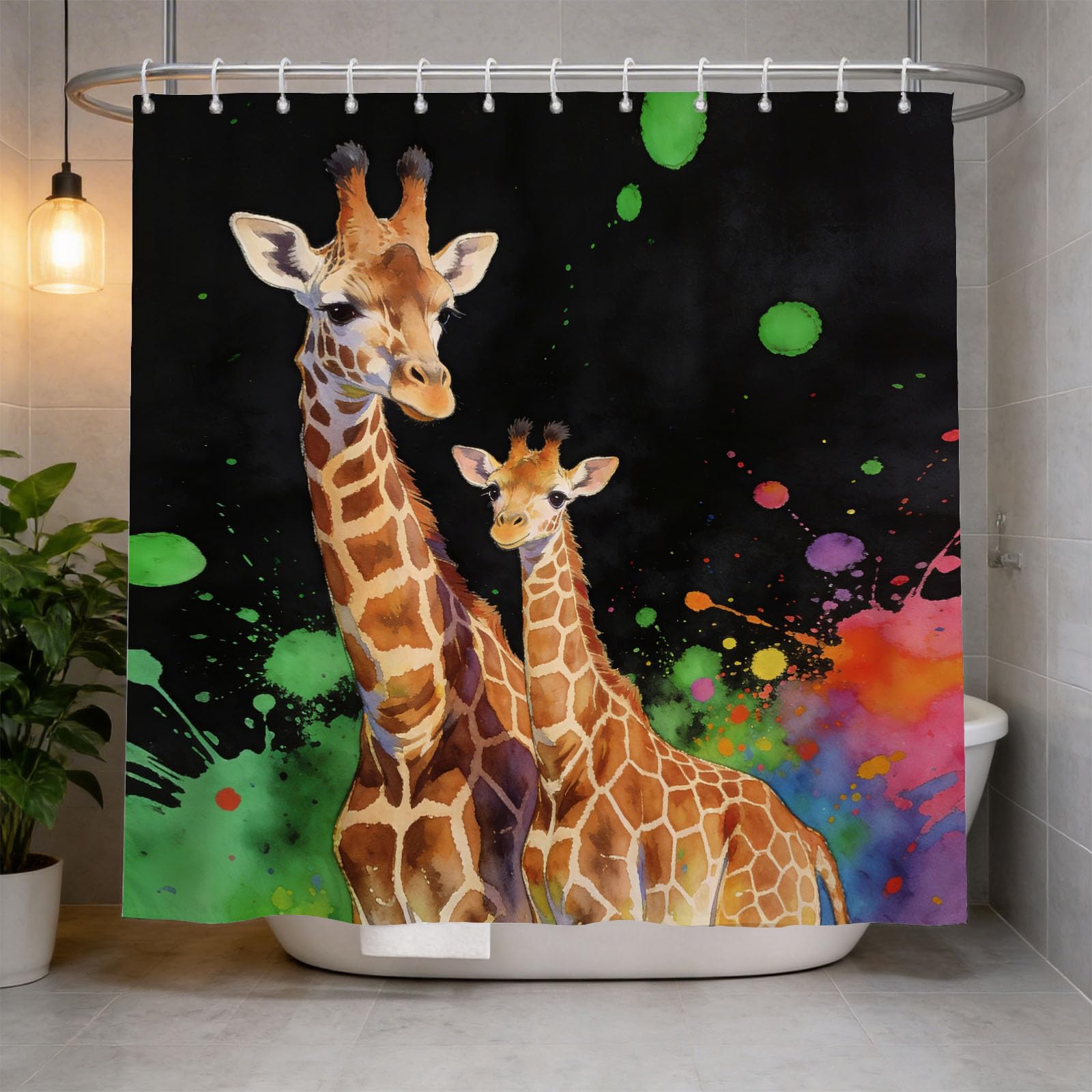 Hongduo 3D Giraffe Illustration Shower Curtain for Stalls Bathtubs Wild Animal Bathroom Decor Shower Curtain Set Polyester Fabric Waterproof 120x180cm/48X71 Inch with Hooks