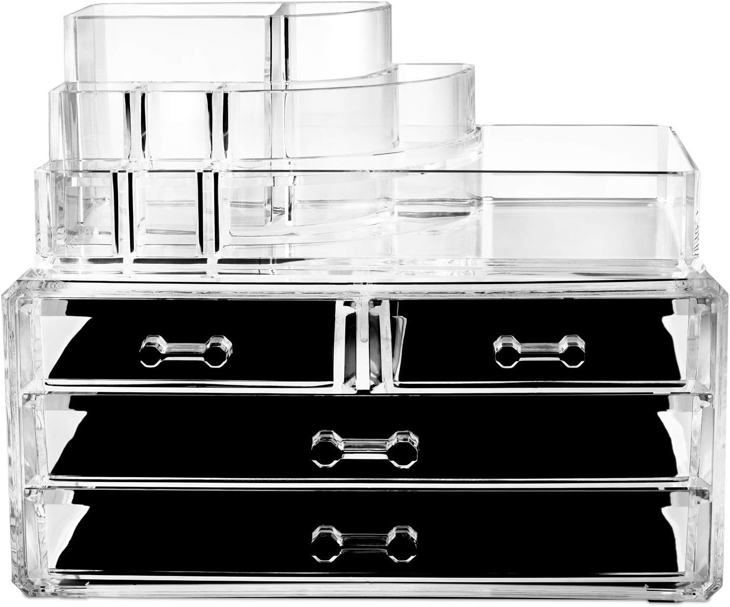 Makeup Cosmetic Storage Organizer Drawer - 4 box drawers with top multi-slot acrylic countertop vanity organizers! Brush lipstick holder excellent organization display for jewelry palettes cream pens