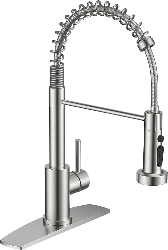 FORIOUS Grifo para fregadero de cocina, rociador de 3 modos, manija única, níquel cepillado | Grifo de llenado de ollas clásico para fregadero de cocina, barra de lavandería exterior para RV, acero inoxidable sin plomo, con placa de cubierta para 1 o 3 orificios