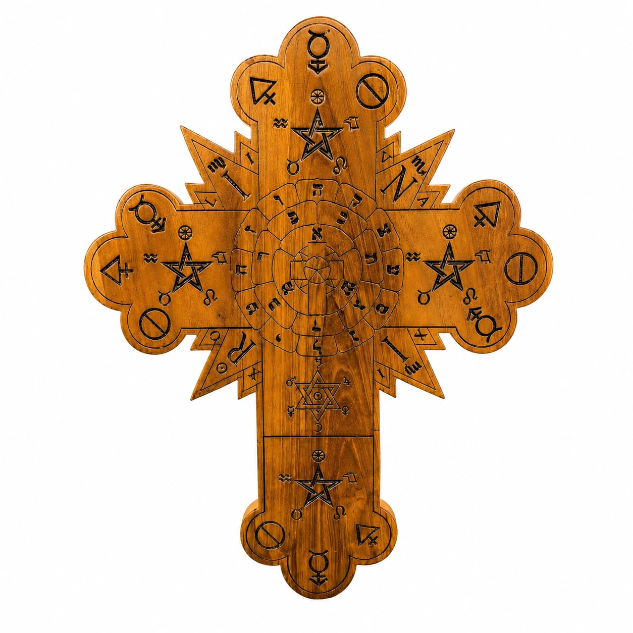 Grande croix en chêne massif de style Rose-Croix hermétique fait main