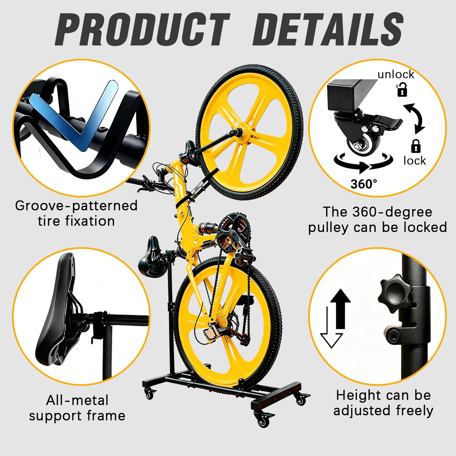 BRGD Support Vertical de Vélo avec Roues 360°, D'intérieur Autonome Capacité de Charge Jusqu'à 50kg, Compatible avec des Pneus Jusqu'à 4 Pouces