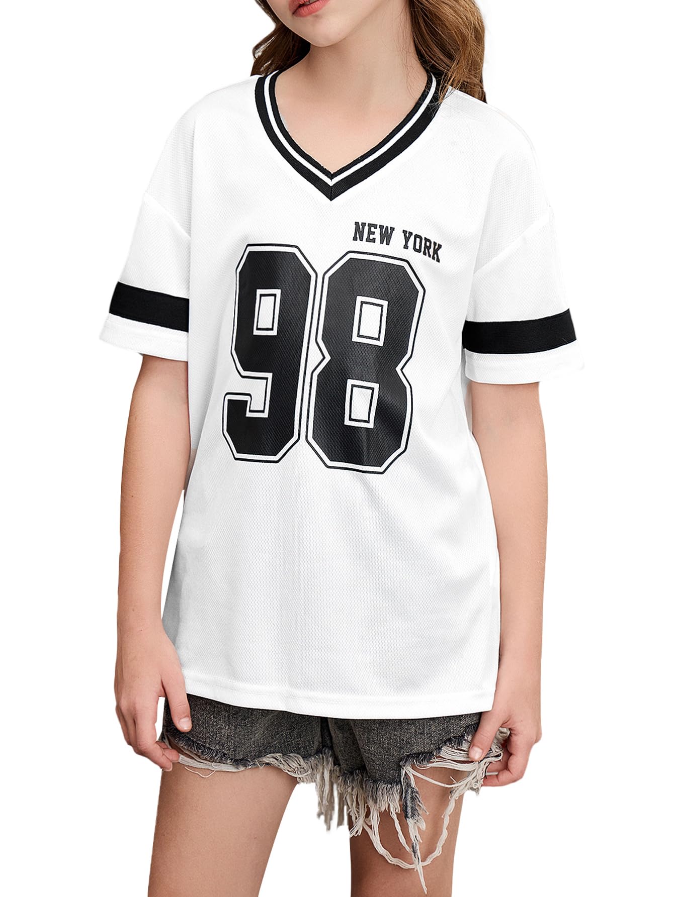 SHENHE Girl's Graphic Baseball Jersey Shirt V Neck Short Sleeve Loose Sport Teen Preppy Tshirt Top White 11 Years