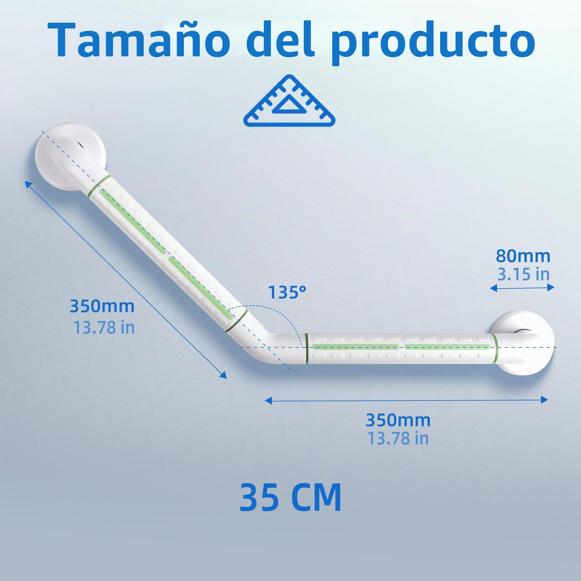 ITSOGOO Barra de Apoyo para Ducha en Ángulo de 135° de Acero Inoxidable para Mayores,35 x 35 cm,Antideslizante Luminosos,Hasta 300 kg,para Bañera,Dormitorio,Escalera,Blanco