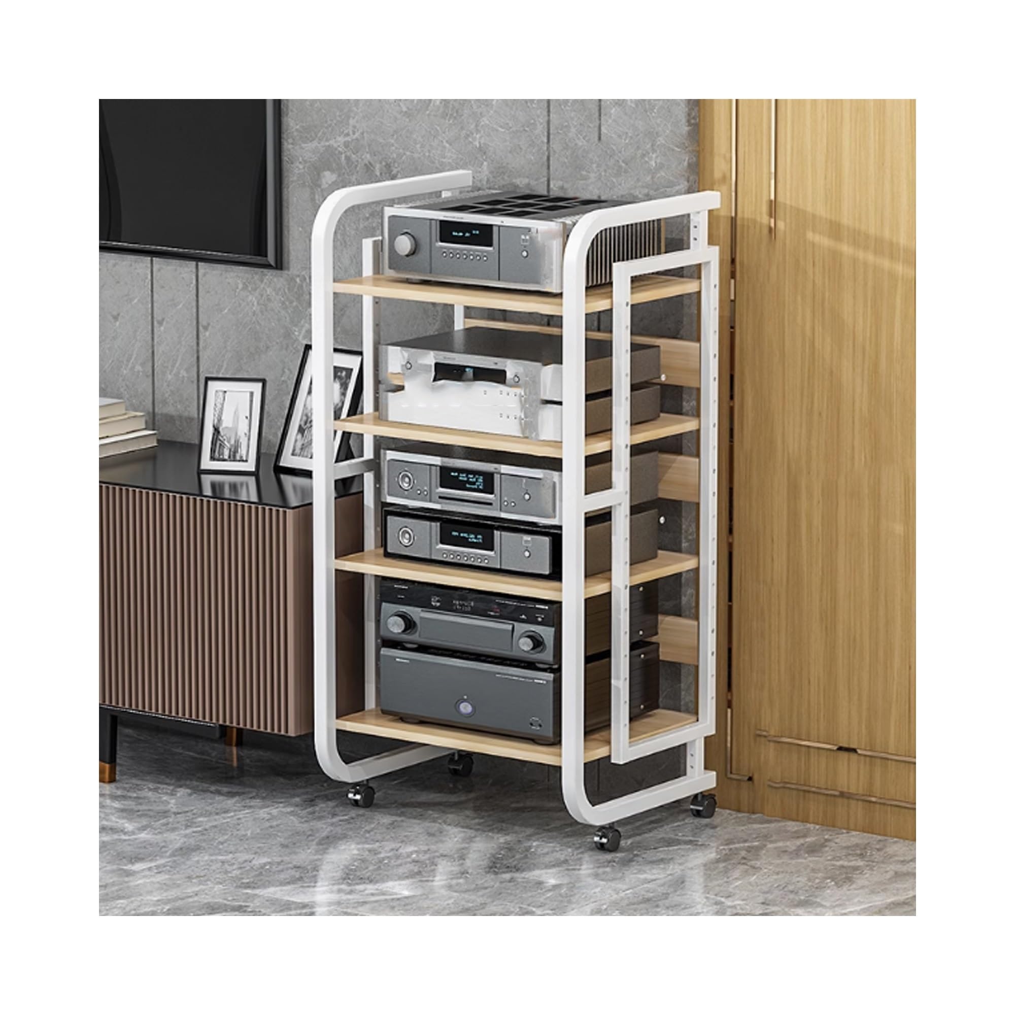 Meuble de rangement multimédia avec étagères réglables pour équipement audio et vidéo, parfait pour l'organisation du salon