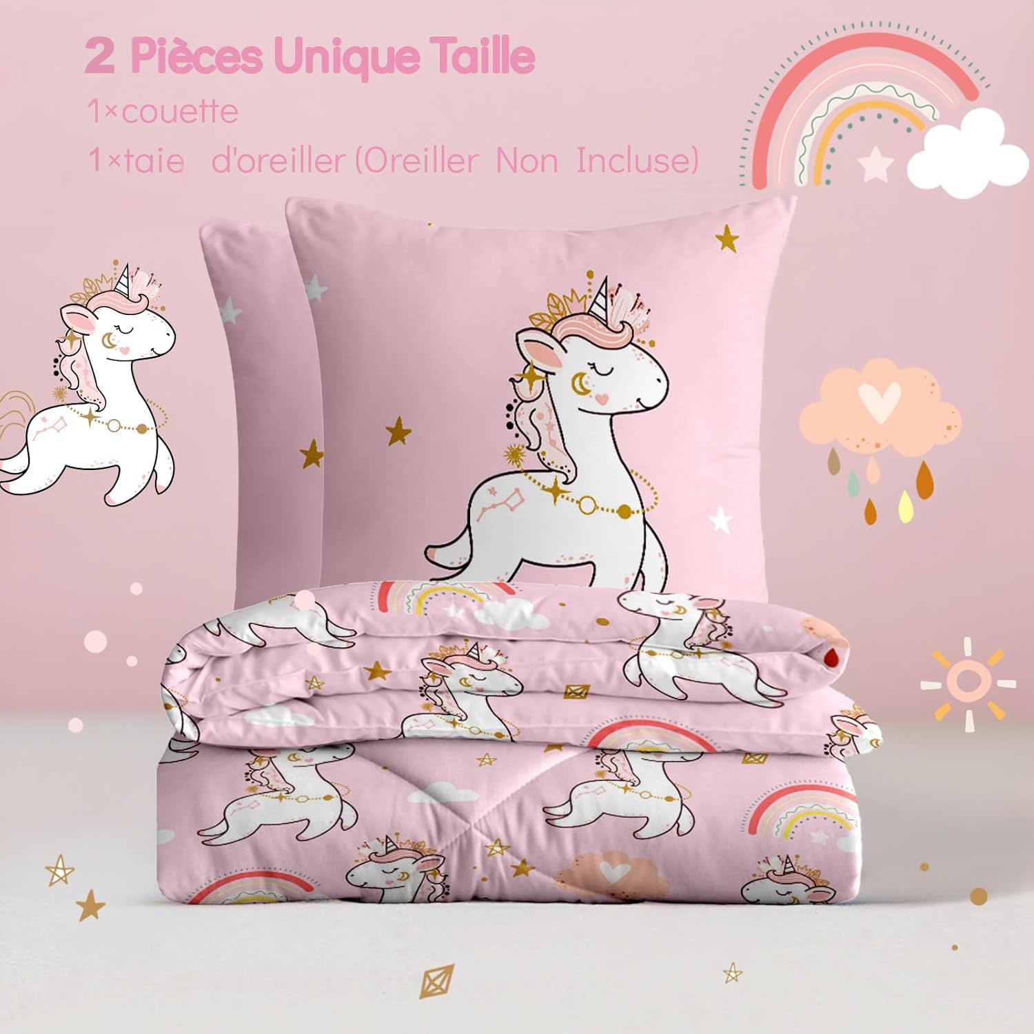 Couette Licorne 2pc Fille Tempérée pour lit 1 Personne-100% Microfibre -Enfant 4 Saisons et 140 x 200 cm+ 1 Taie d'oreiller 65x65 cm - Sac Cadeau
