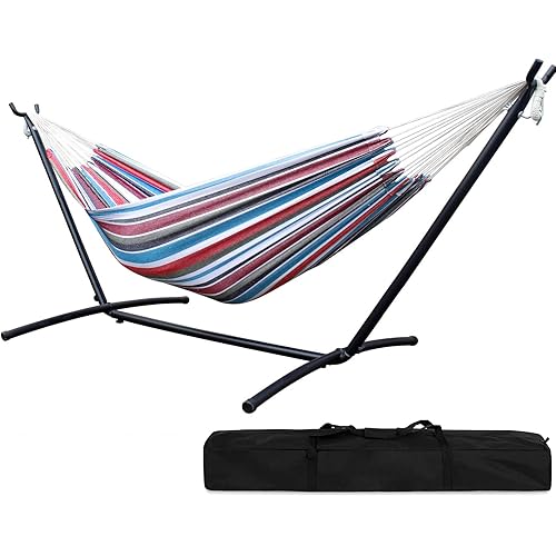 SUNNY GUARD Double Hammock with Space Saving Steel Stand Included Protable 2 Person Heavy Duty Brazilian Hammock for Patio Porch Backyard Garden（450lb Capacity）-Rainbow