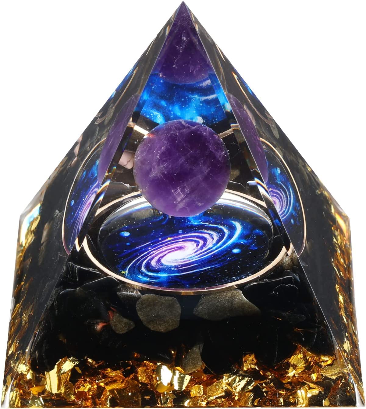 CHJGLNL Orgone Pyramid for Positive Energy, Amethyst Crystal Ball Orgonite Pyramid, Protection Crystals Energy Generator for Stress Reduce Healing Meditation Attract Wealth Lucky (Amethyst Galaxy)