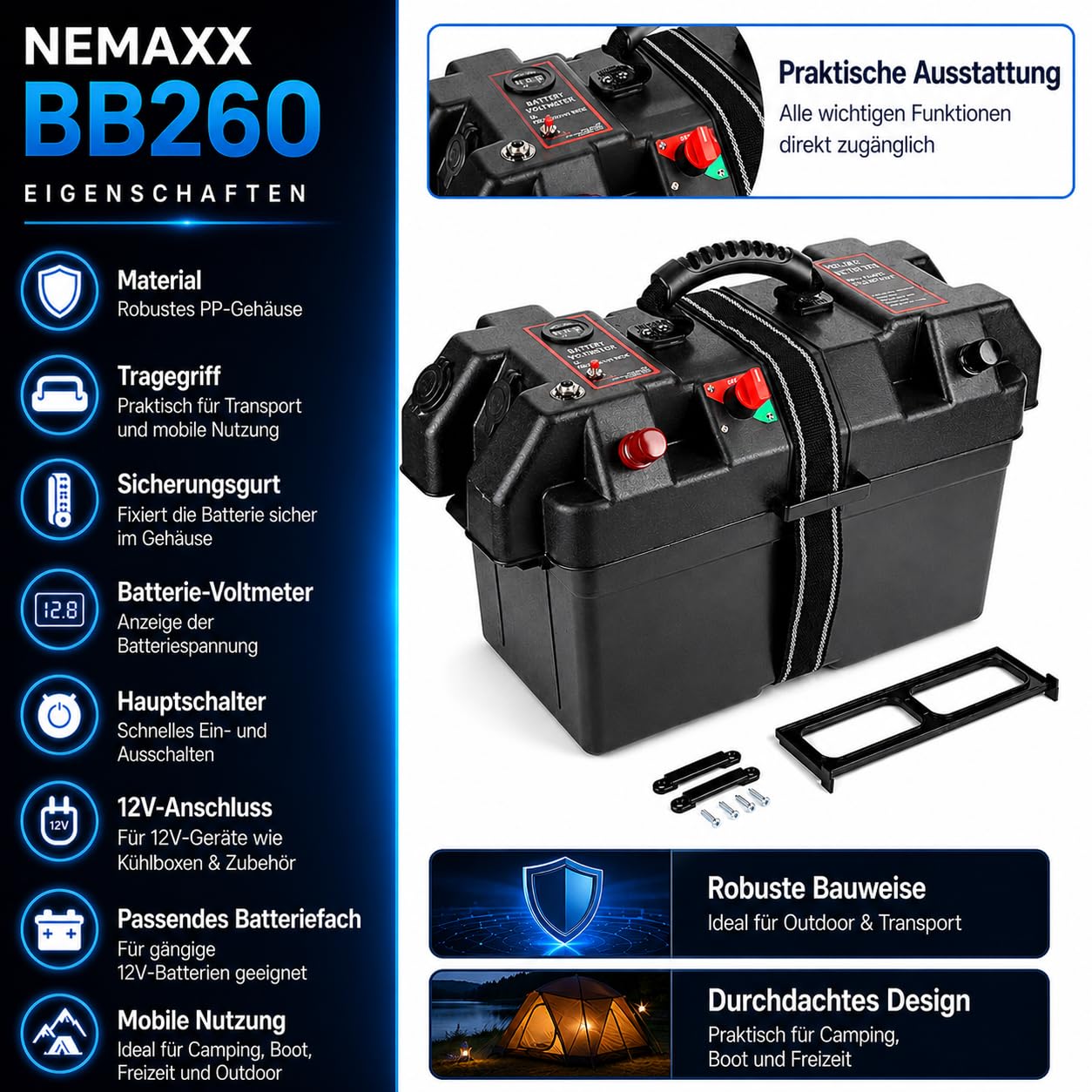 NEMAXX® BB260 Skrzynka akumulatora 12V z woltomierzem, wyłącznikiem głównym, gniazdem 12V, 2x USB, wyłącznikiem 16A, biegunami plus/minus oraz pasem mocującym – do kempingu, łodzi, kampera i offgrid