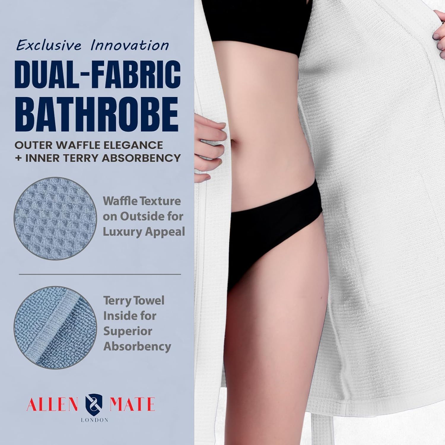 ALLEN & MATE 100% Cotton Women's Short Robe Dual Fabric Waffle Outside & Terry Towel Inside Kimono Bathrobe Medium Weight