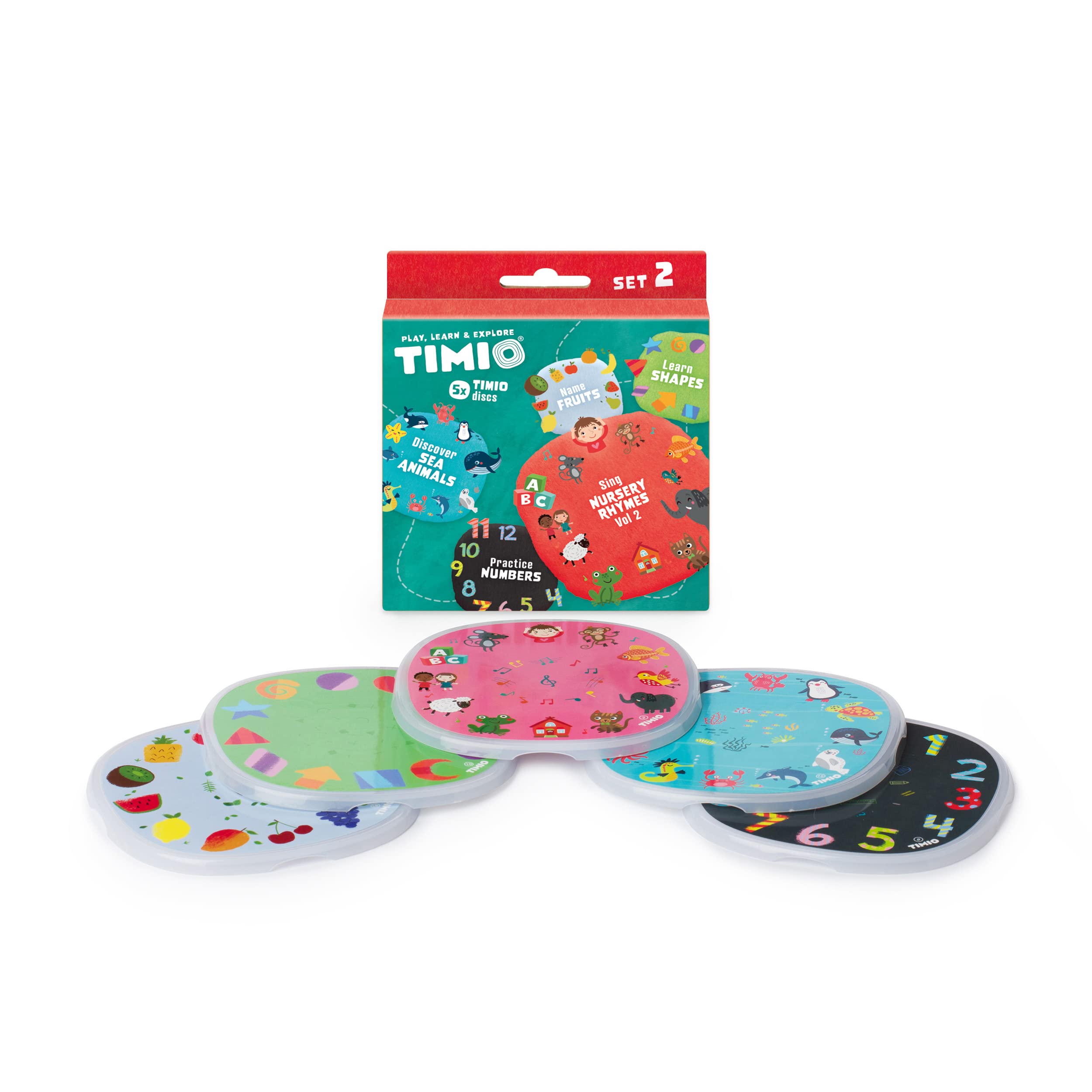 TIMIO Disc Set #2: 5 Audio Discs for the TIMIO Player | Learn Numbers, 96 Nursery Rhymes Vol. 2, Sea Animals, Shapes, Fruits | 8 languages included | Learning Toy from 2 - 6 years
