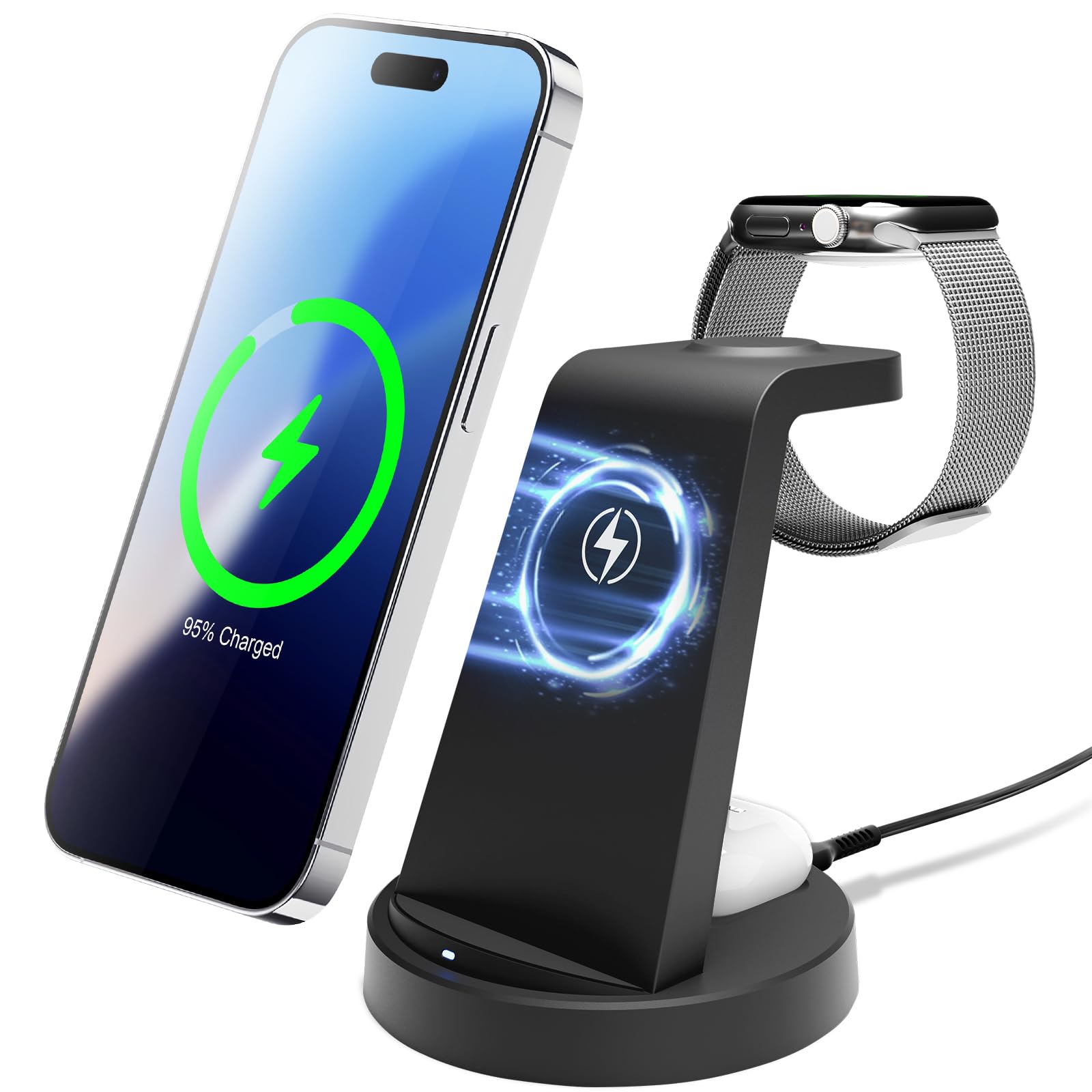 3 in 1 Wireless Charging Station for iphone Fast Wireless Charger Stand for Apple Watch, for Airpods Pro 4 3 2, for iphone 17/16/15/14/13/12/11/8/XS/XR/X/SE(No Plug Included) (White) — view 14