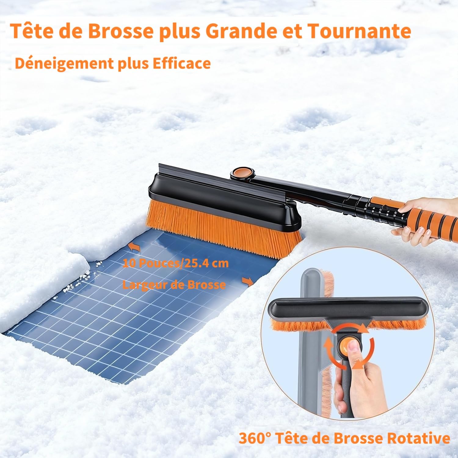 120CM Brosse à Neige pour Voiture - Grattoir à Glace de Pare Brise - Pelle à Neige avec Manche Extensible et Poignée en Mousse - Ensemble de Balai à Neige pour Voiture, SUV, Camion, Orange