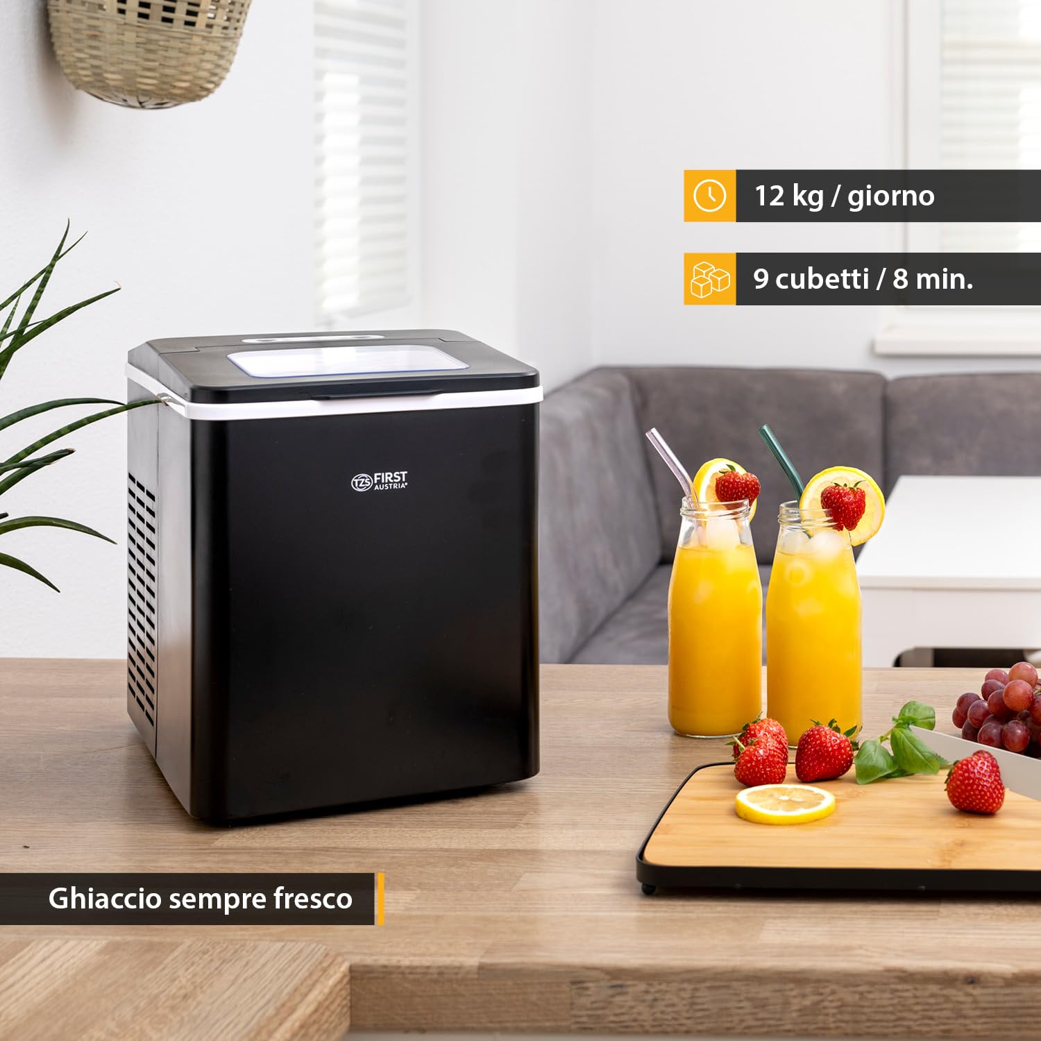 TZS First Austria - Macchina del Ghiaccio 1,8L - 150W con Compressore - 9 Cubetti di Ghiaccio pronto in 7-9 Minuti - 2 Dimensioni (S/L) - 12 kg/giorno - Produttore di Ghiaccio Portatile - Nero