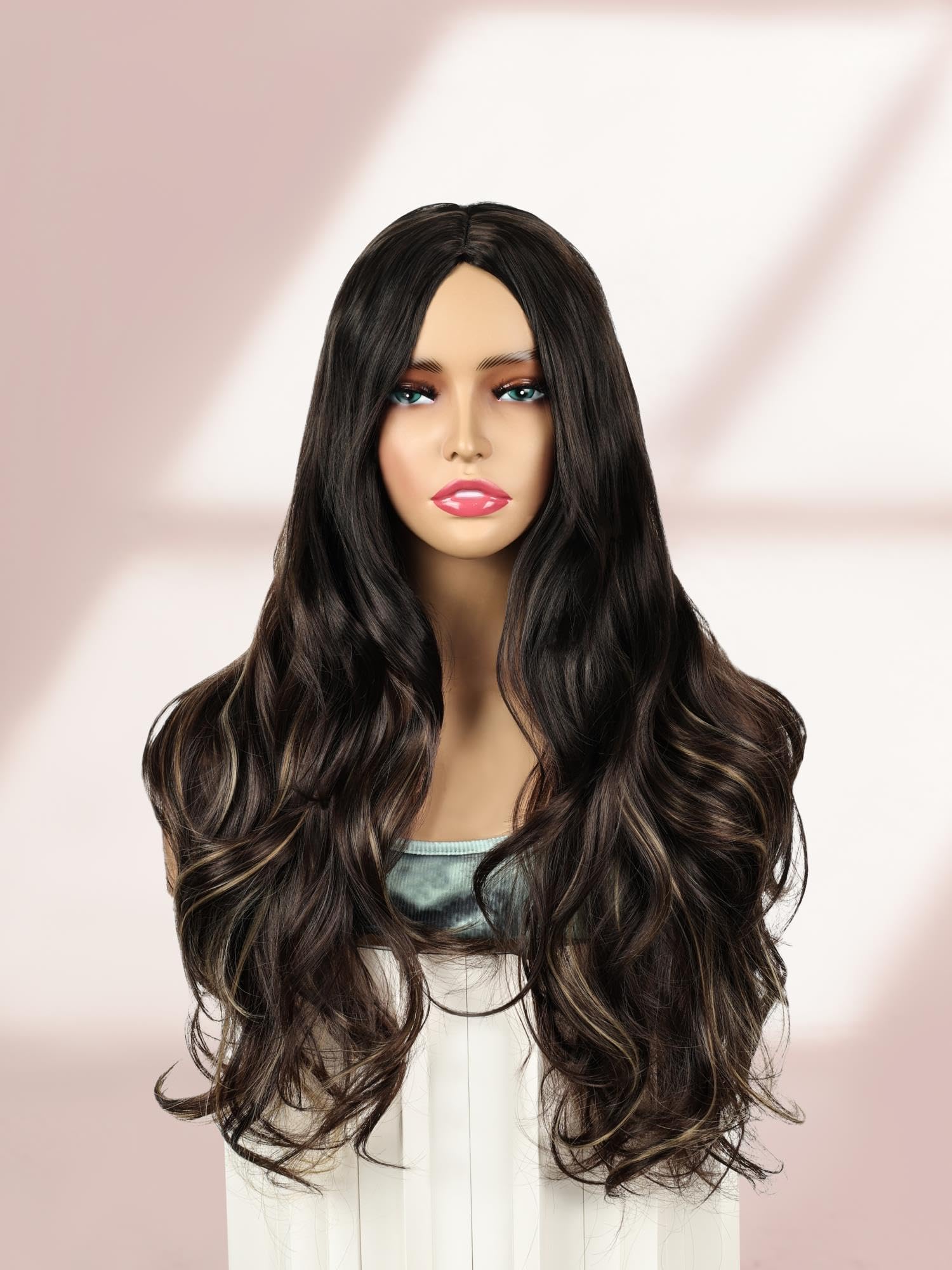 QUEENTAS 24 Inch Long Black Wigs for Women Ladies Wigs Synthetic Wig Wavy Middle Part Curly Wig for Daily Party (Black Mix Brown) - Image 2