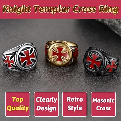 FaithHeart Mens Stainless Steel Crusader Jerusalem Cross Ring with 18K Gold Plated Two Tone Ring Size 7,8,9,10,11,12
