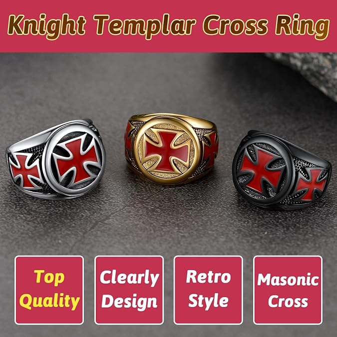FaithHeart Mens Stainless Steel Crusader Jerusalem Cross Ring with 18K Gold Plated Two Tone Ring Size 7,8,9,10,11,12