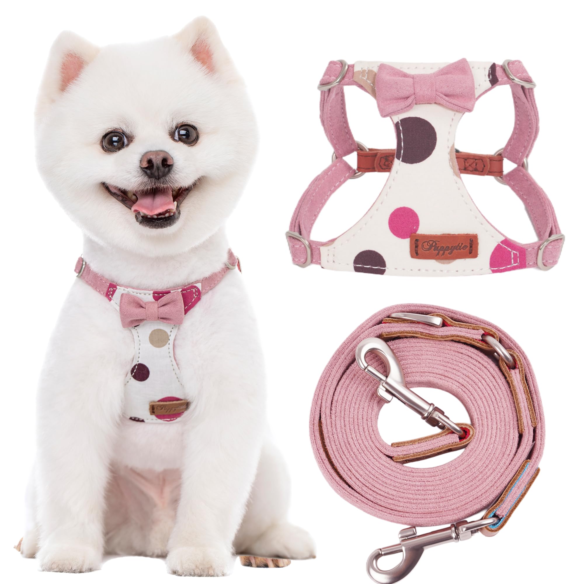 Puppytie Juego de arnés y correa para perro pequeño, lunares rosados, M (16-31 libras) | Arnés para perro de tamaño pequeño, suave y ligero, correa multifunción para perro, arnés para perro de tamaño mediano