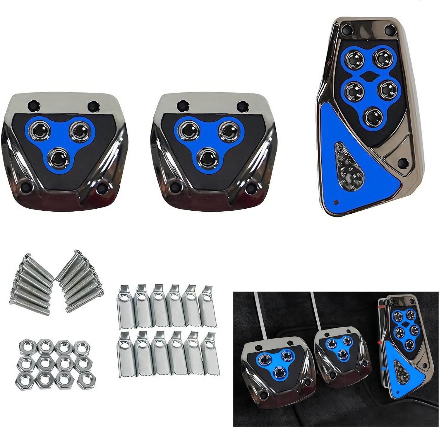 Blue Nonslip Aluminum Car Pedal Covers for Manual Transmission - Brake Clutch Gas Pedals, No-Drill Universal Fit 3PCS