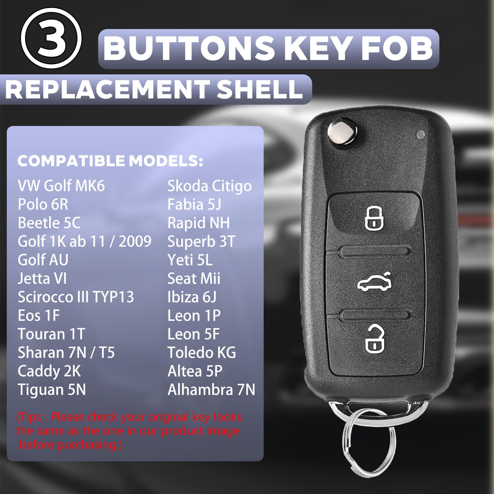 Telecomando Custodia Chiave Auto Compatibile VW Golf MK6 Polo T5 Caddy EOS Jetta Transporter Tiguan Touran Sharan Scirocco Passat Bettle Octavia Leon