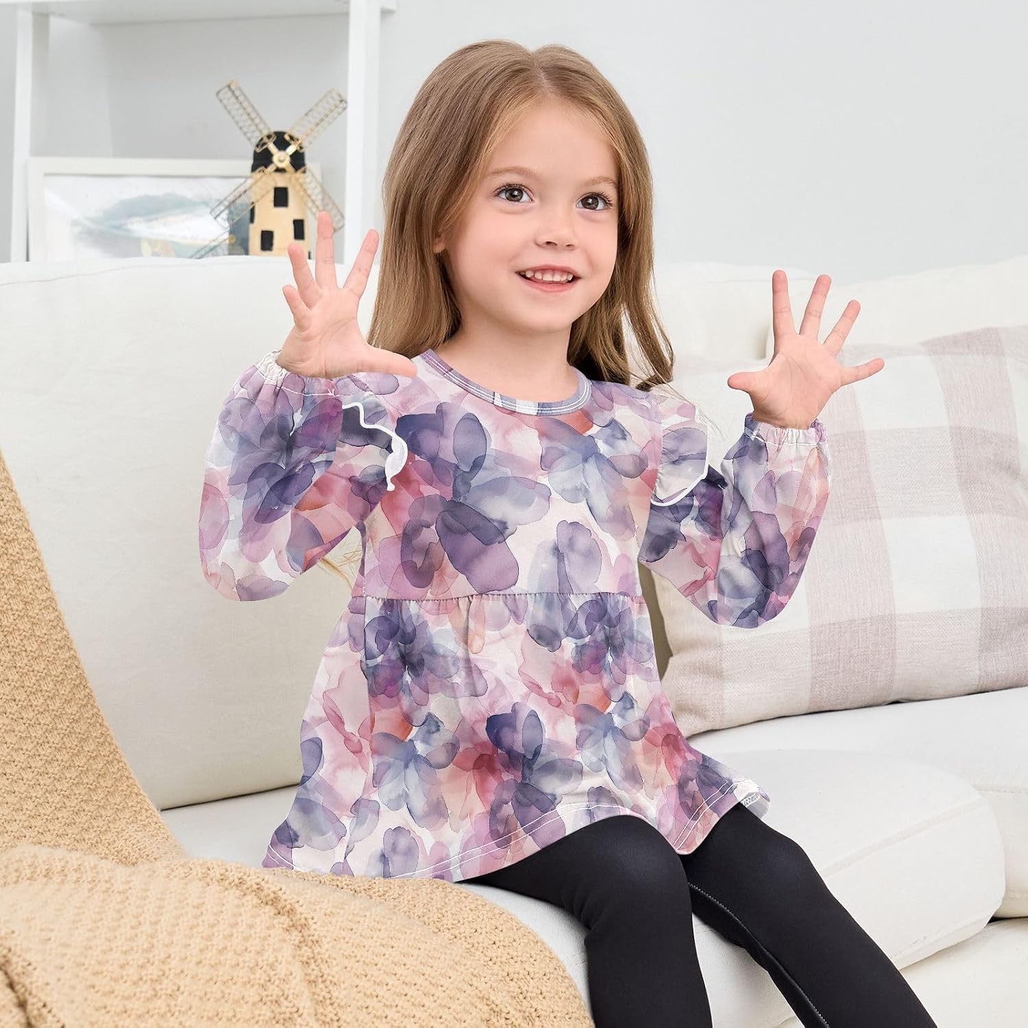 visesunny Toddler Clothes for Girls Purple Watercolor Flower Long Sleeve Fall Shirts Cotton Top with Ruffle Collar
