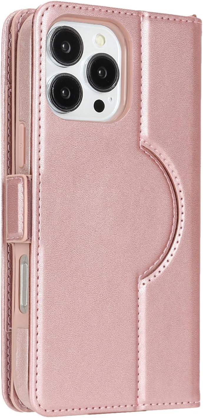 Jaorty for iPhone 16 Pro Max Detachable Wallet Case, [Compatible with MagSafe] [Card Holder] [Zipper Pocket],2-in-1 PU Leather Flip Purse Kickstand Wrist Strap Magnetic Cover,Rosegold