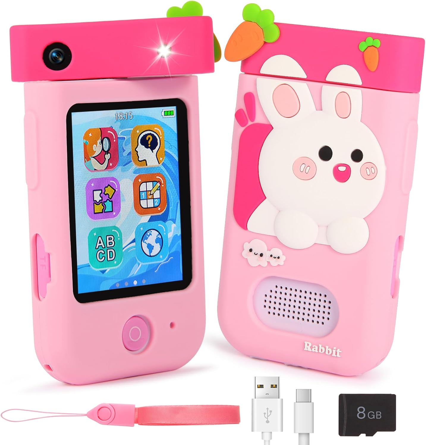 Kids Smart Phone Toy, 2.8" Touchscreen Learning Play Phone with 180° Rotating Lens, Camera, Games, Music Player & 8GB Card, Christmas Birthday Gifts for Girls Boys Age 3-12, A200