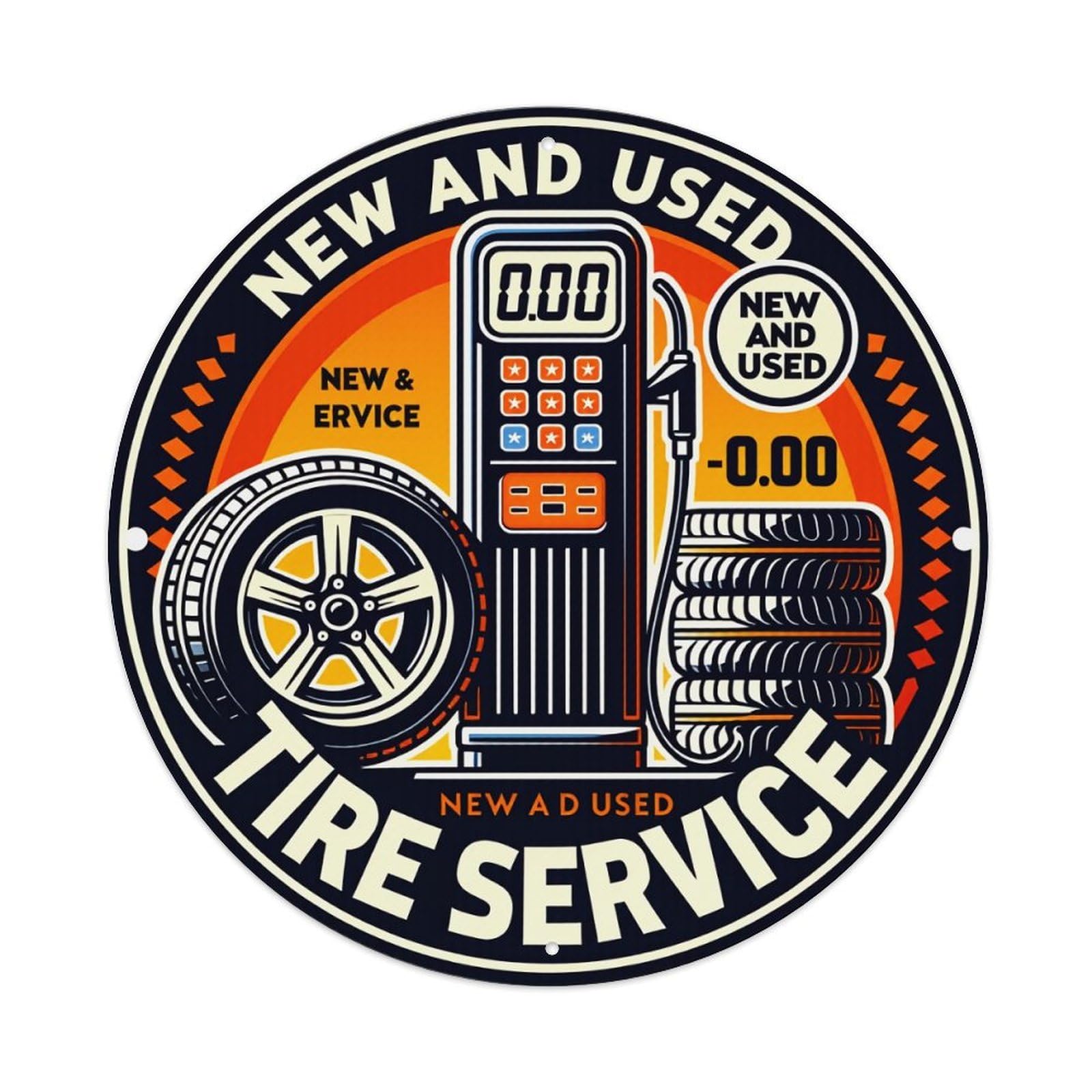 New And Used Tire Service Gas Pump Tires Wheel Round Vintage Tin Sign,Retro Wall Art,Metal Poster for Home, Bar, Garage, Cafe, Rustic Indoor & Outdoor Decor, 8x8 Inches
