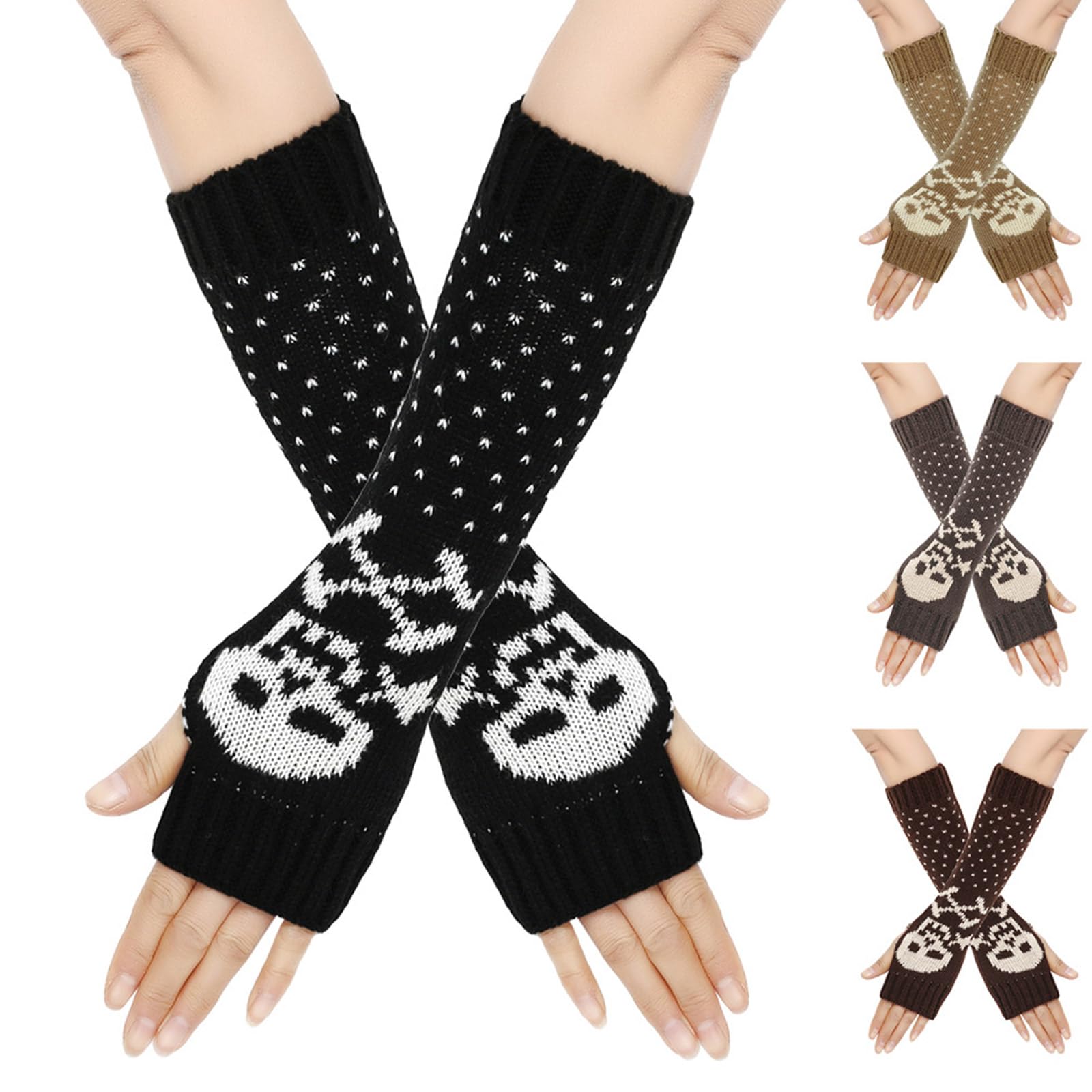 Shurhome Girls Lengthen Wrist Crochet Fingerless Gloves Half Finger Keep Warm Skull Pattern Mittens For Women Winter Supplies
