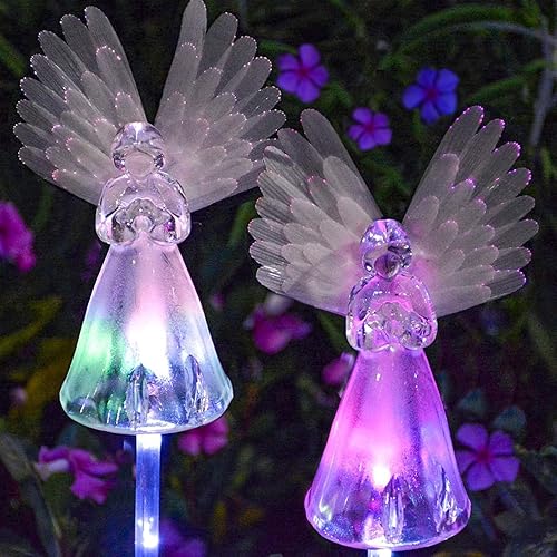 2 Pack Luces Solares con Ángel para Decoraciones de Cementerio, Luz de Estaca de Jardín Multi-Color LED Impermeable para Decoración de Jardín,