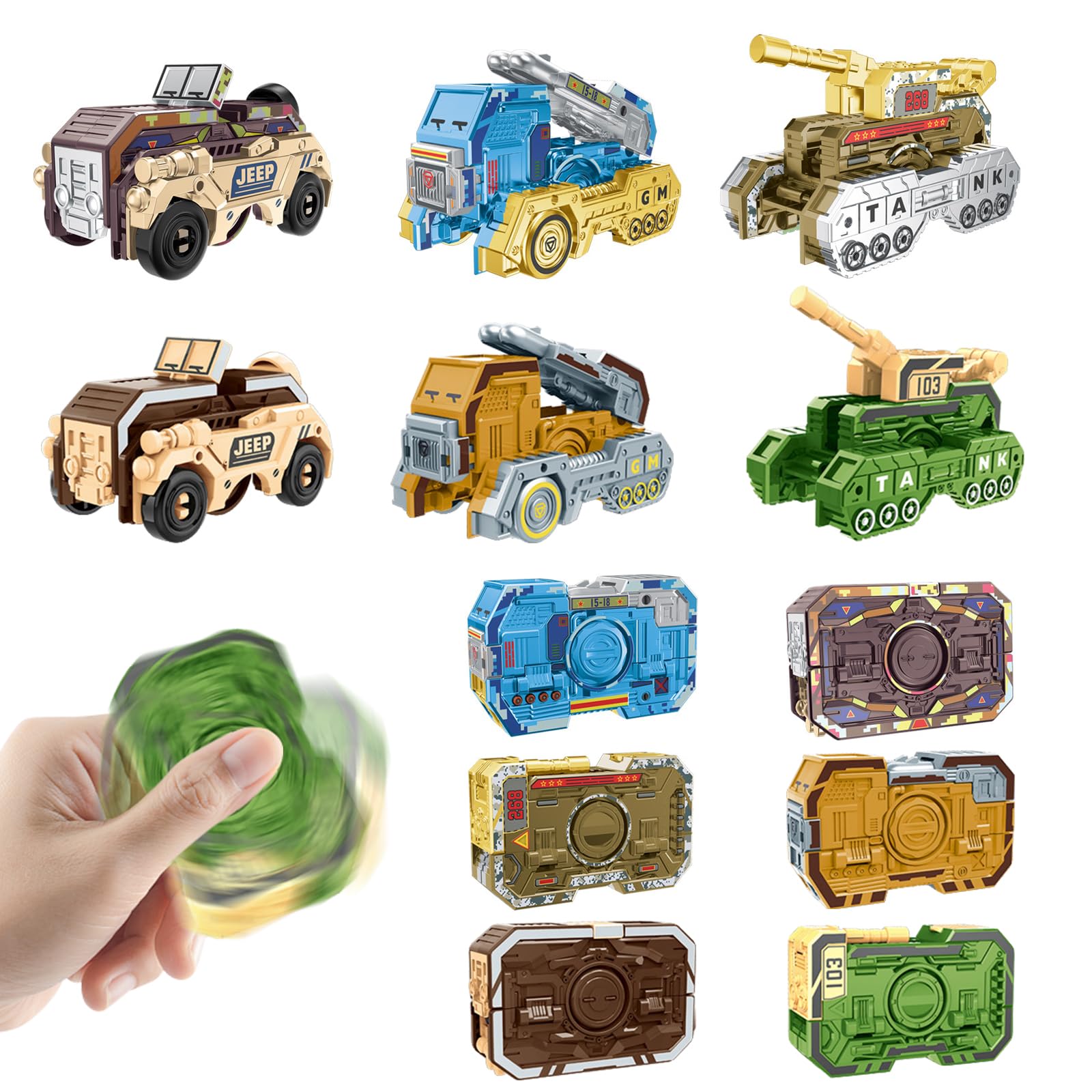 DiiWmme 6-Pack Transformable Fidget Spinner Toys for Kids Adults, Deformable Armored Car Vehicle Finger Gyro, Stress Relief Sensory Spin Top, Party Bag Fillers, Birthday Classroom Prize Gifts