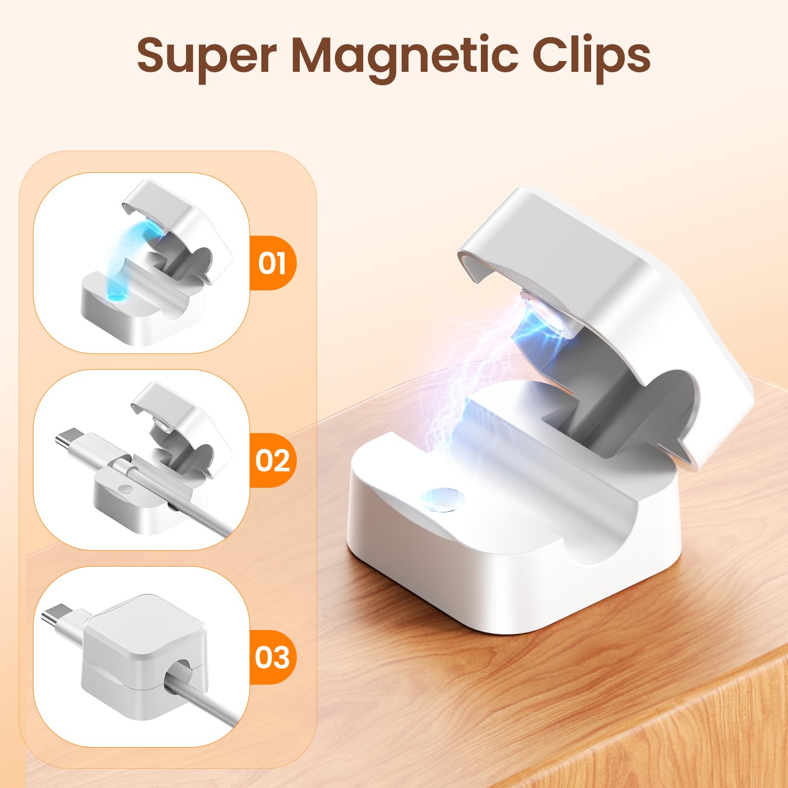 Clip Organizzatore Cavi Magnetico - 6 Pezzi Con Adesivo, Per Scrivania, USB, HDMI - Bianco - Foto 4