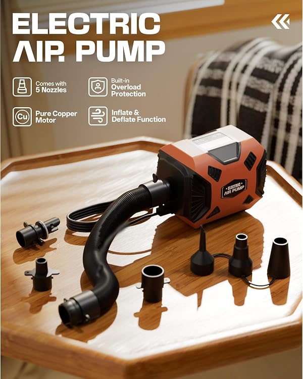 Puligoth Electric Air Pump for Inflatables: Powerful AC 120V Air Mattress Pump with 5 Nozzles and Hose, Fast Inflation & Deflation for Gymnastics Track Mat, Pool Float, Raft (600W, Orange) by Puligoth - Image 3
