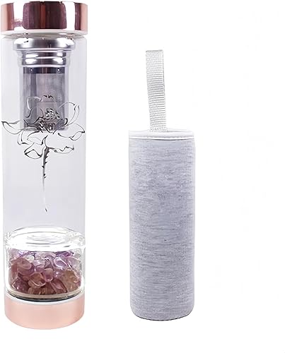 AITELEI Crystal Elixir - Botella de agua con gemas infundidas con infusor de té, botella de agua de cristal con cristales de cuarzo rosa extraíbles