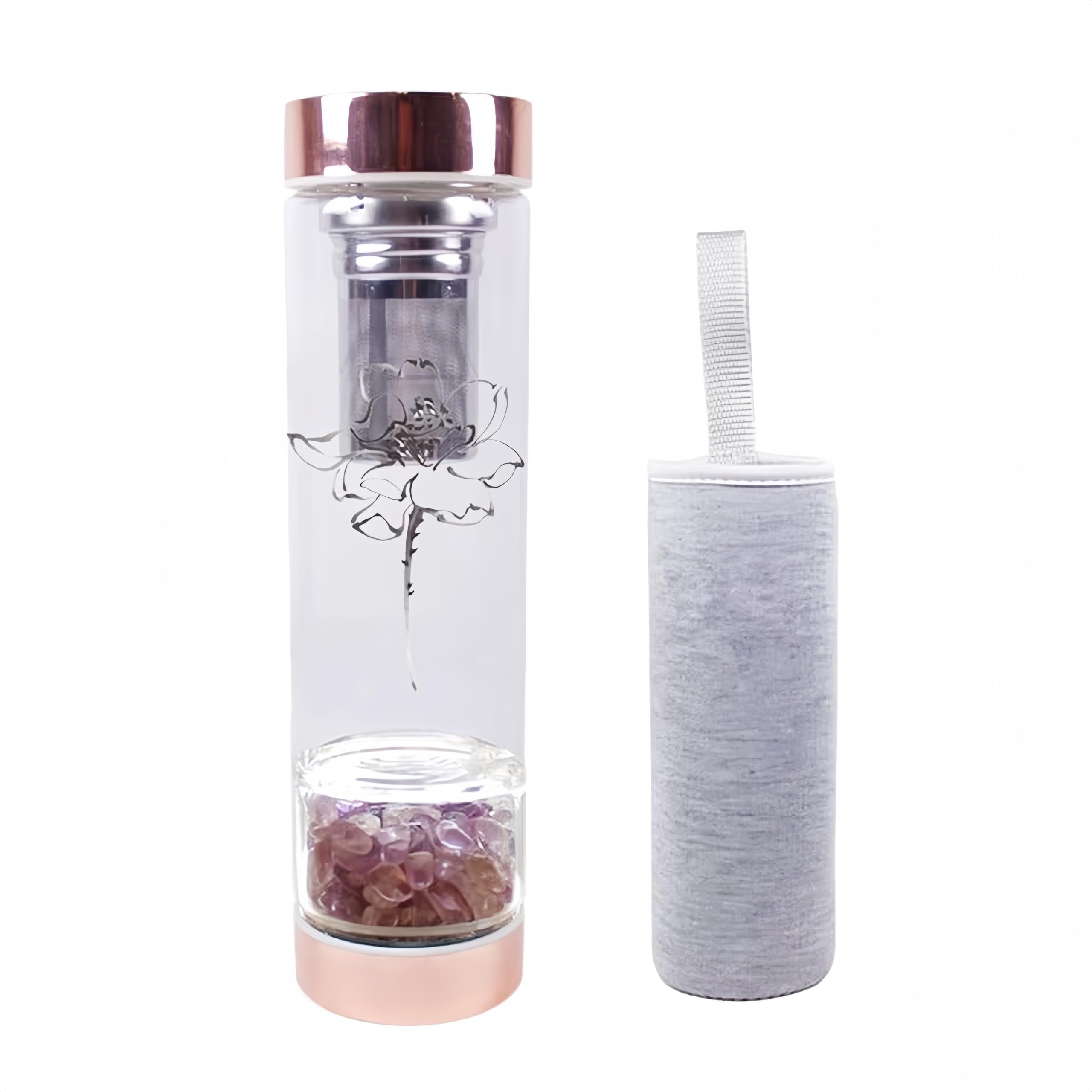 Aitelei Amethyst Crystal Elixir Infused Gem Water Bottle With Tea Infuser, Crystal Water Bottle Tea Strainer With Removable Rose Quartz Crystals For Chakra Wellness - 15 Oz (Amethyst)