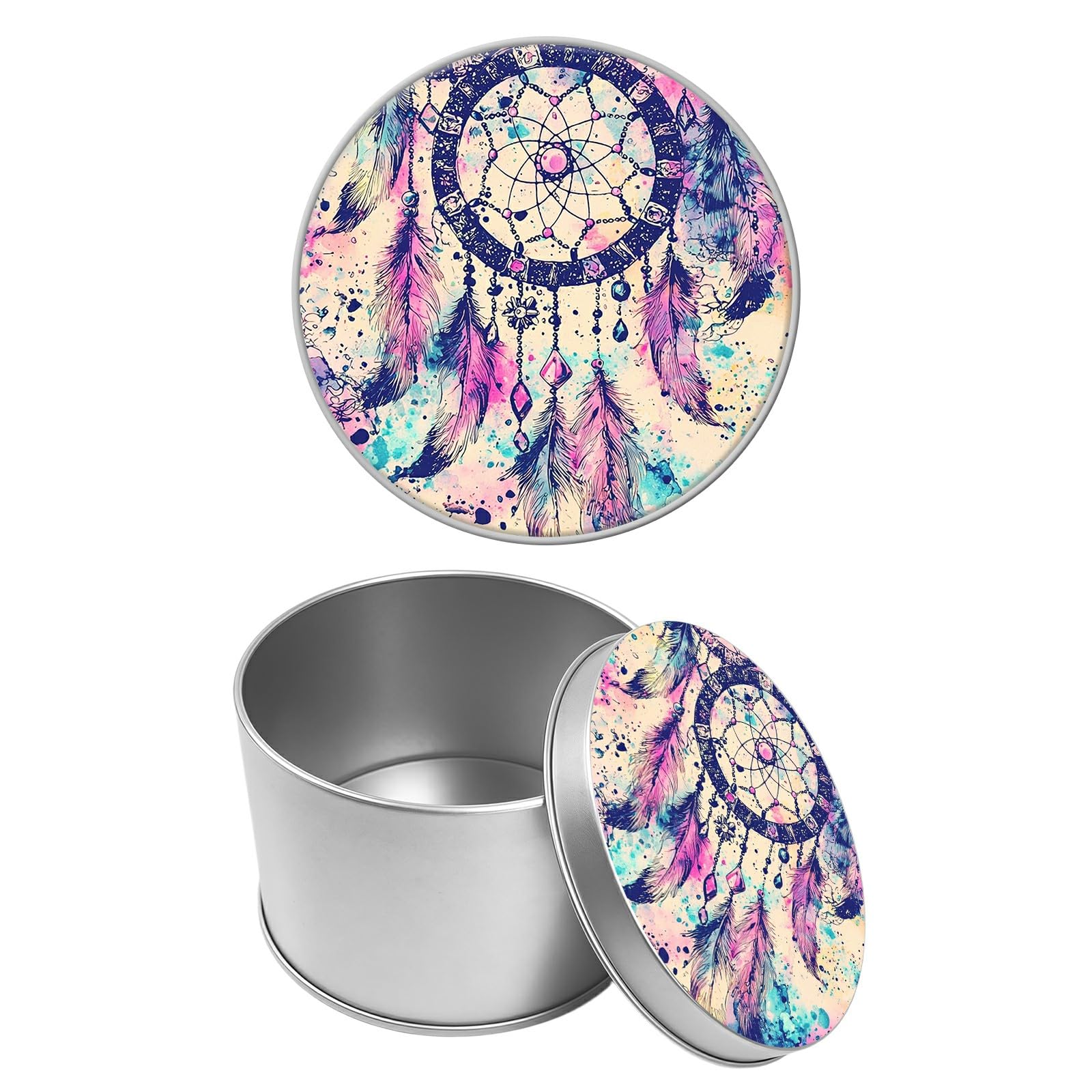Round Metal Tin Container with Removable Lid, Color Dreamcatcher Durable Metal Storage Box for Cookies Spices Tea Candies Cakes Jewelry Cosmetics 3.54 x 2.36 inch– Single Pack