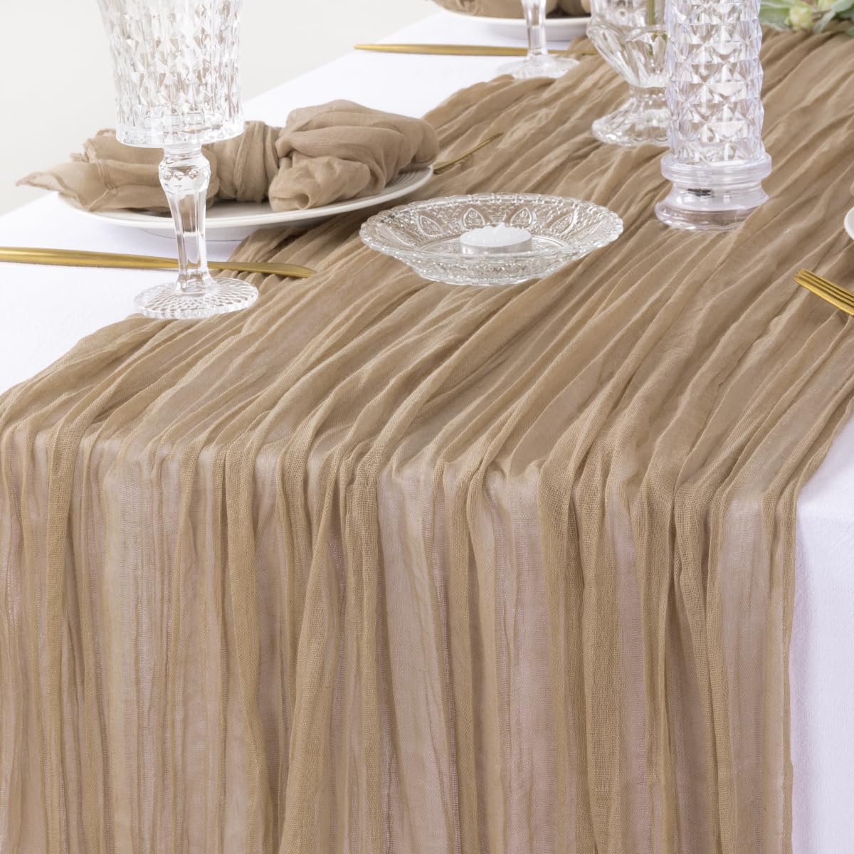 dezerlor 12pack nude cheesecloth table runner boho gauze table runner bulk rustic wrinkled sheer table decor 120inches long for wedding bridal baby shower valentine's day st. patrick's day