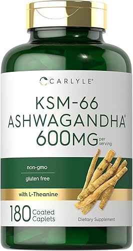 Carlyle KSM-66 Ashwagandha 600mg  180 comprimidos  Suplemento de extracto con L-teanina  Vegano, sin OMG, sin gluten