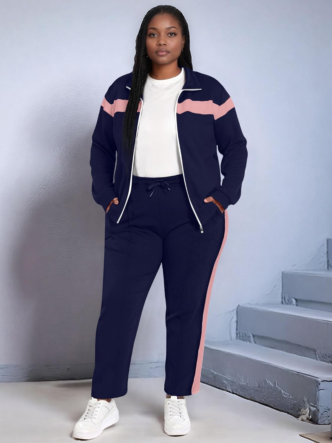 UOUA Plus Size Womens 2 Piece Sweatsuits Outfits Zip Up Jackets & Sweatpants Casual Loungewear Tracksuit Sets - Image 4