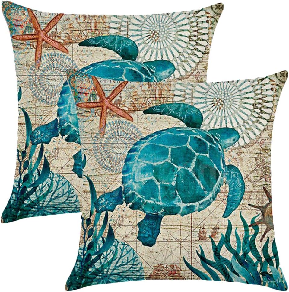 ULOVE LOVE YOURSELF Sea Turtle Throw Pillow Case Mediterranean Style Sea Theme Decorative Square Cotton Linen Cushion Cover for 18 X 18 Inch Pillow Inserts,2 Pack (Sea Theme-Sea Turtle)