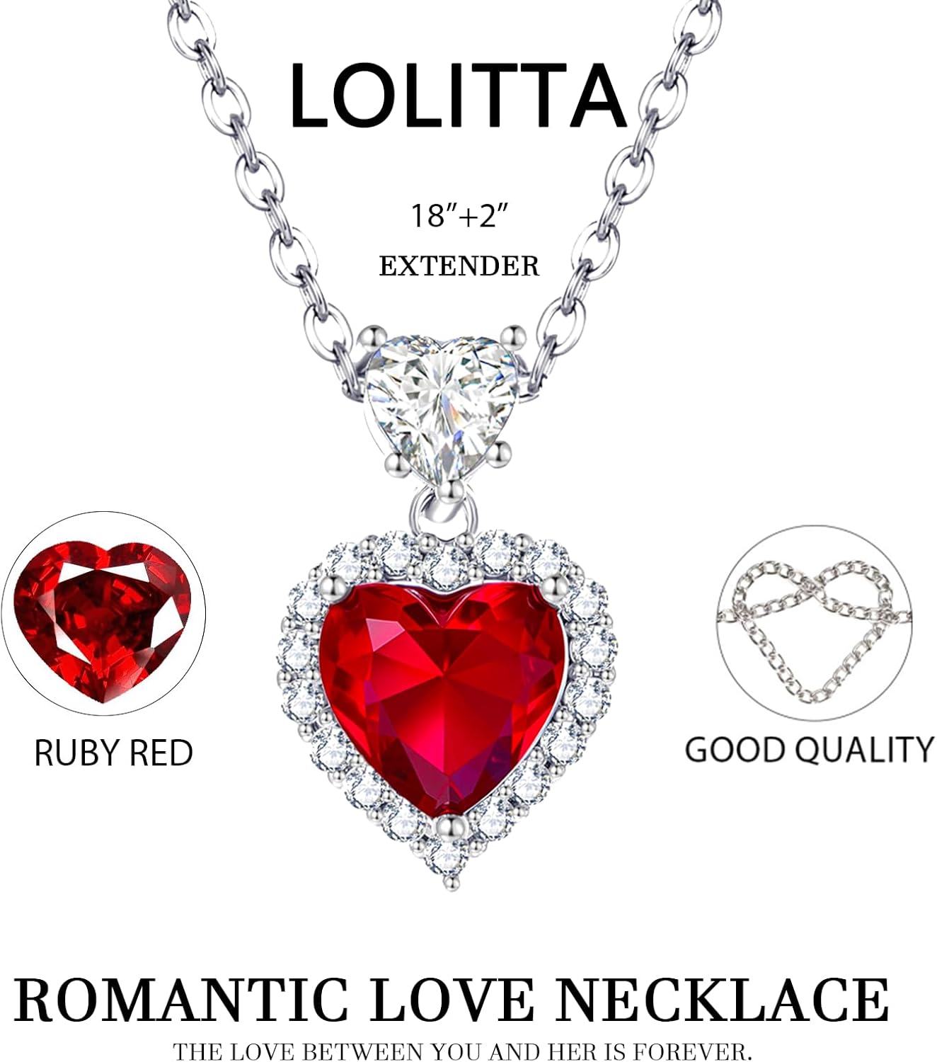 Lolitta Ruby Red Crystal Heart Pendant Birthday Necklace For Women,18K White Gold-Plated, 20 Inch Adjustable Chain,Dainty Jewelry Rose Gift Set,Wedding Anniversary Mothers Day gifts For Mom,Wife.