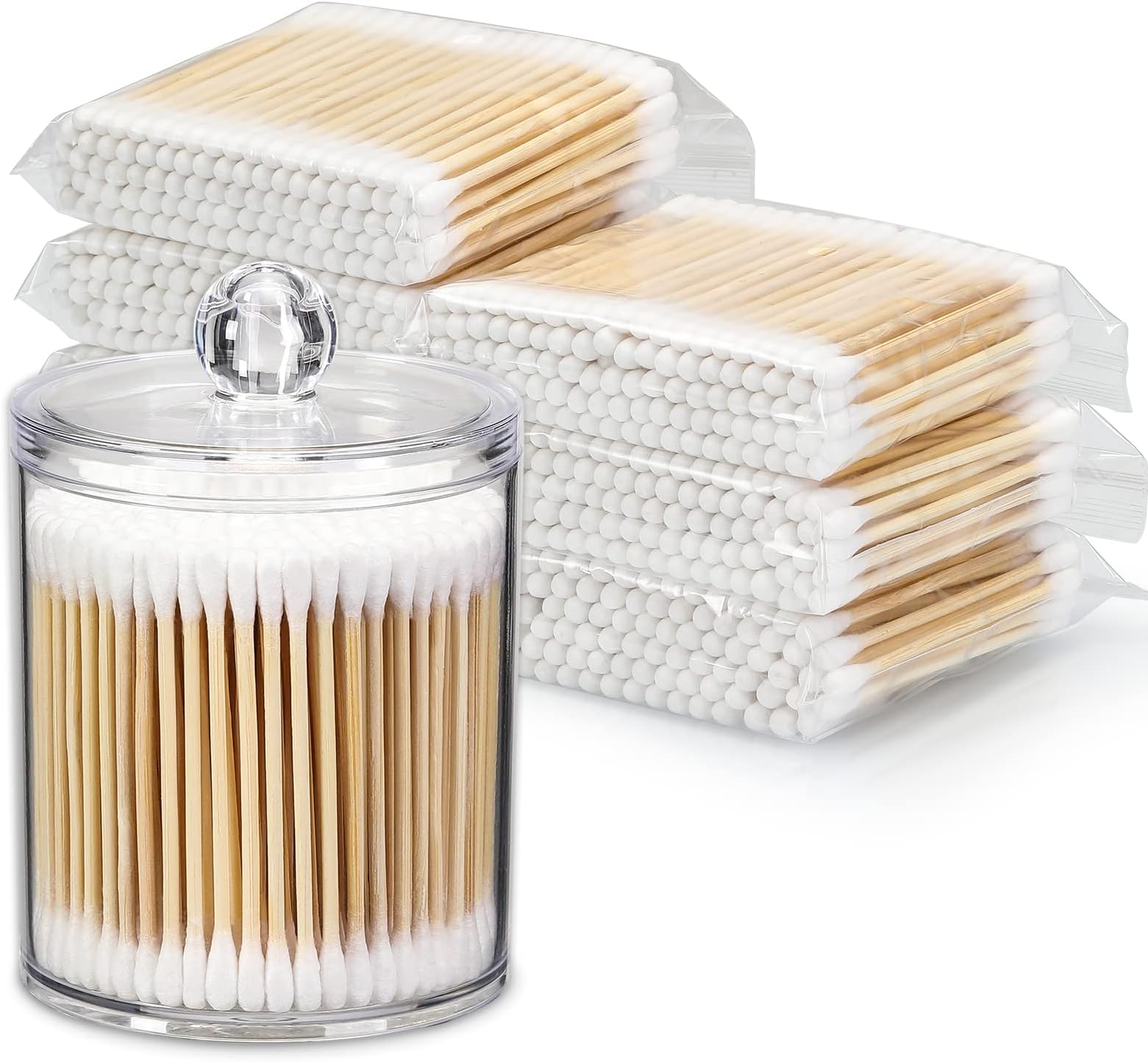 Bamboo Cotton Swabs -700 COUNT - with 1 Clear Storage Holder for Qtips - Biodegradable Eco-Friendly Natural Cotton Buds for Ears, Hygiene, Beauty Care - Round Tips & Thick Cotton & Sturdy Bamboo Stick