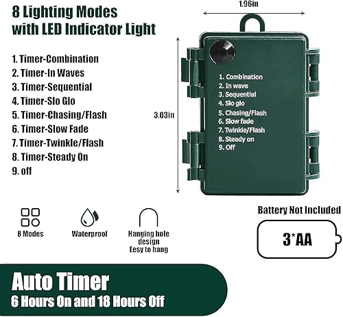 Miniatura 8 de Luces de Navidad, 50 luces LED para exteriores con temporizador y 8 modos, 3 AA funciona con pilas, impermeable, para decoración de exteriores e